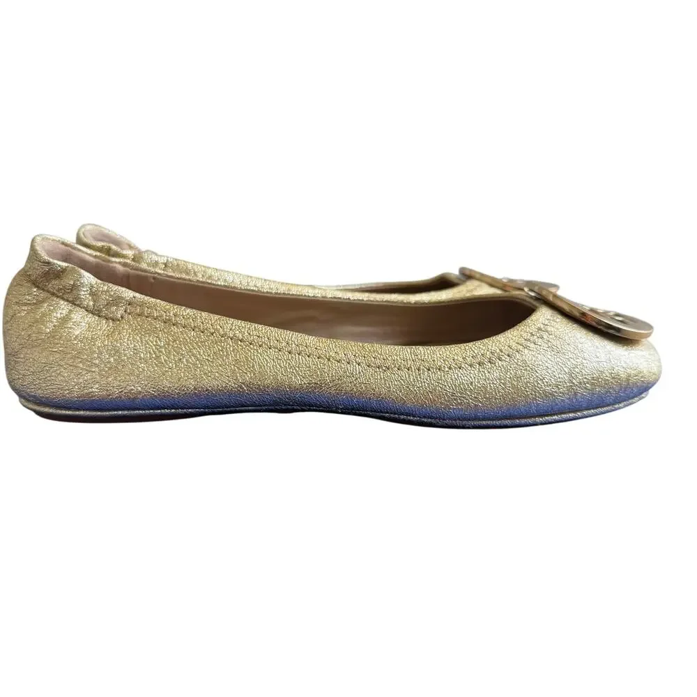 Tory Burch Minnie Travel Ballet Flats Gold Metallic Leather Size 5.5
